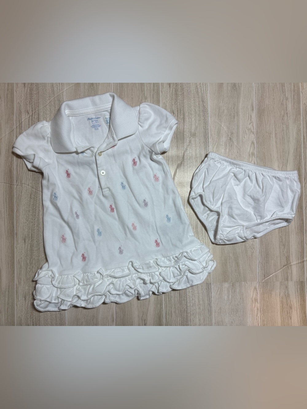 Ralph Lauren Baby Girl Polo Dress 9 Months White Ruffle Hem Embroidered Pony